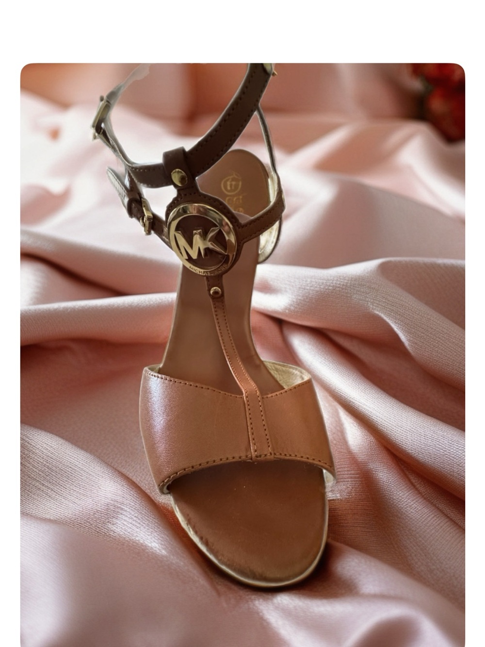 Michael Kors Copper-Tone Leather Wedges T-Strap Sandal with Gold Logo